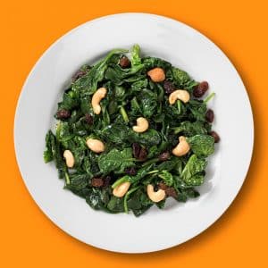 Espinacas salteadas con anacardos y pasas (400 g.)