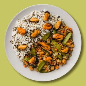 Mejillones con verduras thai y guarnición de arroz salvaje (270 g.)